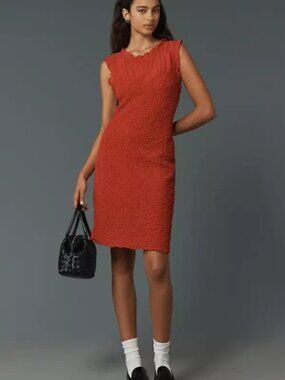 NWT Anthropologie Mock-Neck Textured Dress Smocked Ruched Red Mini XS